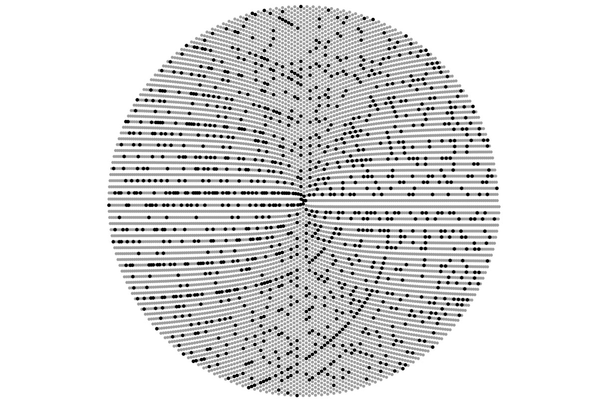 Image by Claudio Rocchini/Wikimedia Commons CC-BY
When numbers are plotted in a polar pattern called a Sack’s spiral, the distribution of primes (black dots) hints at some hidden structure.