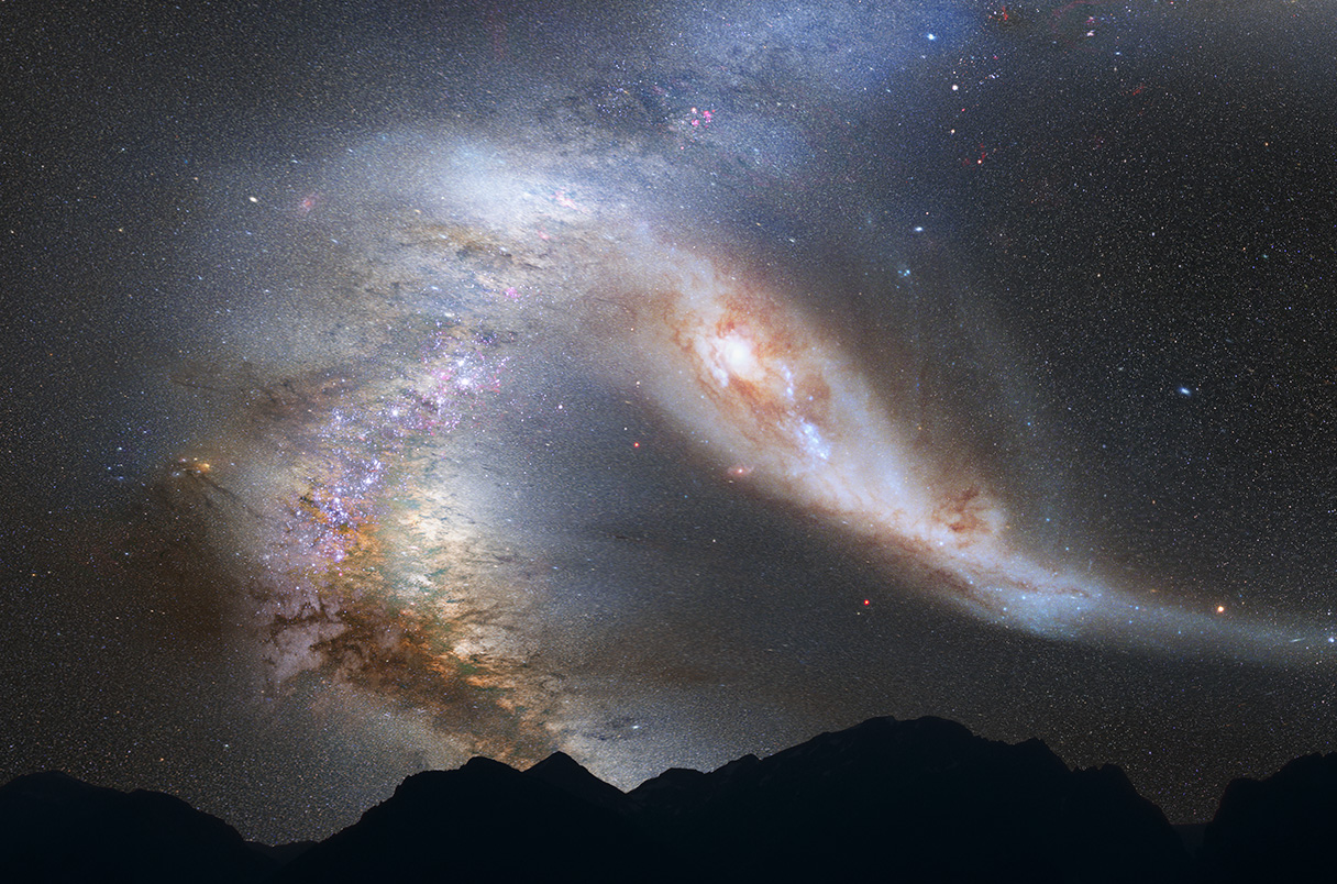 Image Credit Z. Levay and R. van der Marel (STScI); and A. Mellinger/ESA/NASA - A view of how the sky may appear to stargazers 3.75 billion years from now as an impending collision with the Andromeda galaxy gravitationally distorts the familiar bright band of the Milky Way.