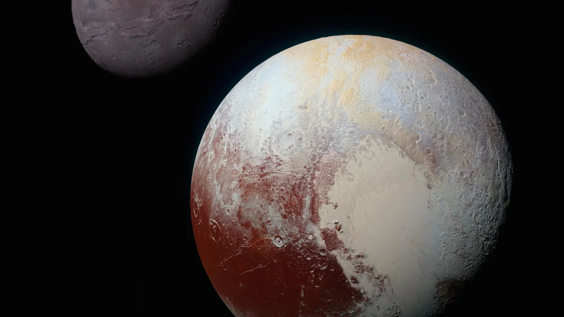 Image: Pluto (lower right) and its large moon Charon (upper left) composite.
Credit NASA/Johns Hopkins University Applied Physics Laboratory/Southwest Research Institute